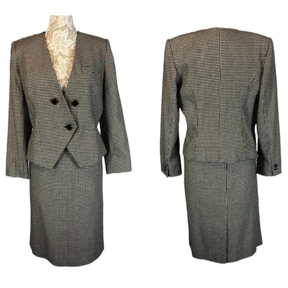 Vintage houndstooth Kasper for A.S.L. black & white V neck Skirt suit size 12 - Picture 1 of 12